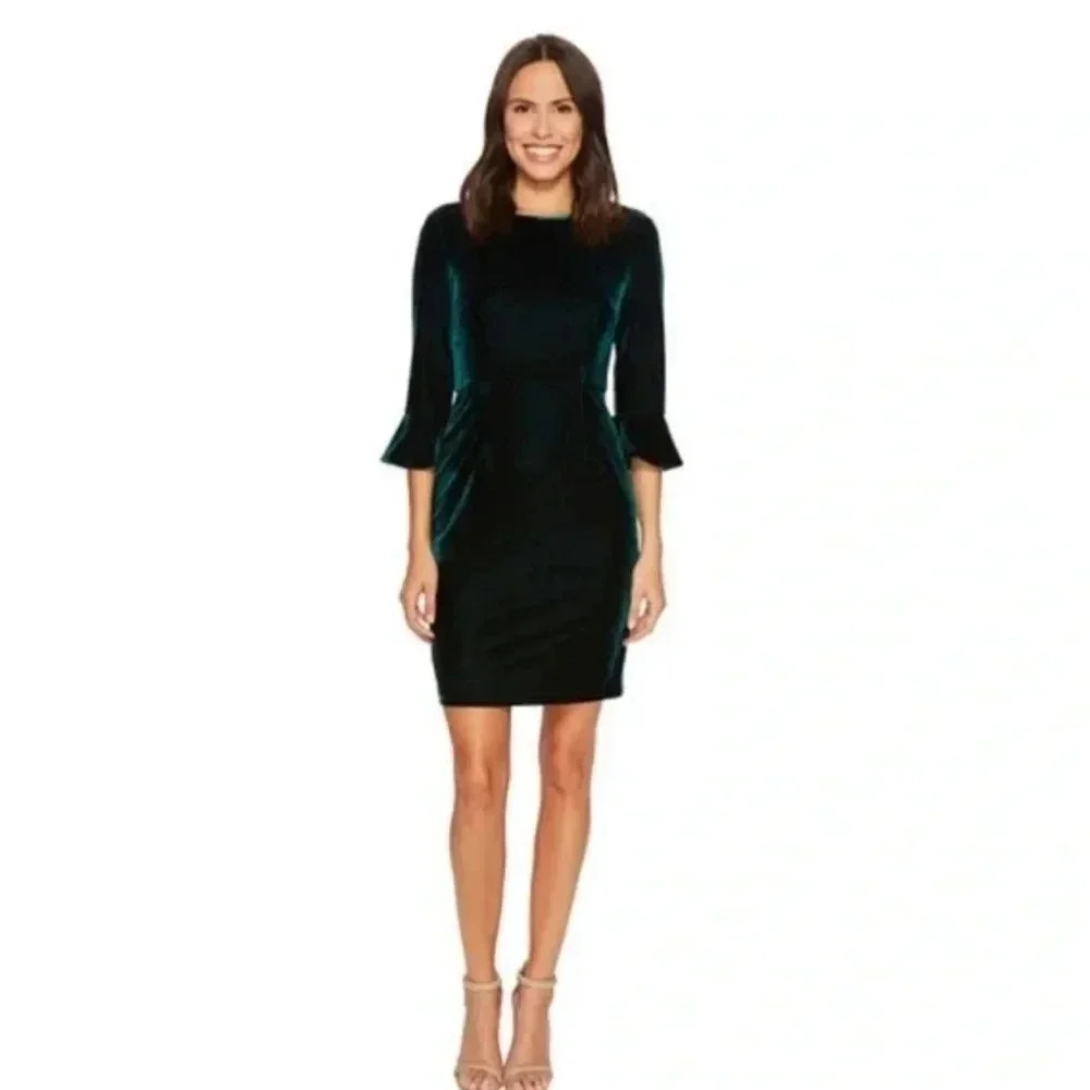 Donna Morgan Dark Green Velvet Bell Cuff Mini Dress Size 4